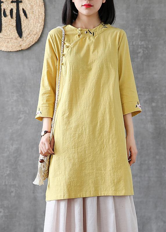Classy O Neck Embroidery Linen Robes Work Light Blue Dress