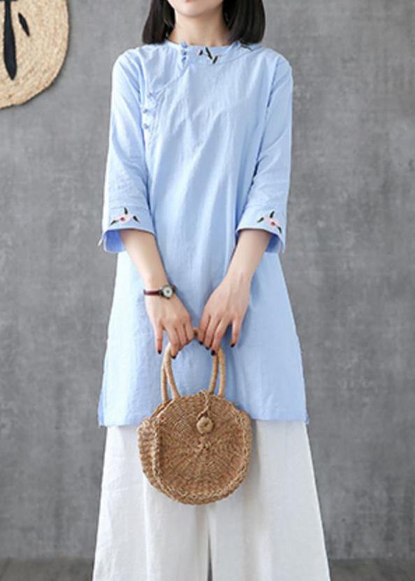 Classy O Neck Embroidery Linen Robes Work Light Blue Dress