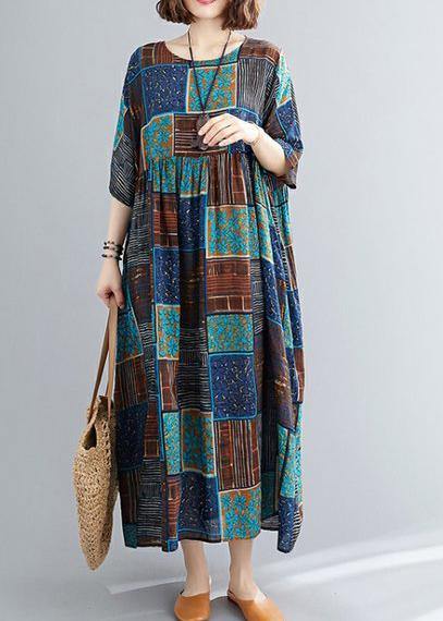 Classy O Neck Extra Large Hem Cotton Linen Dresses Runway Blue Print Dress