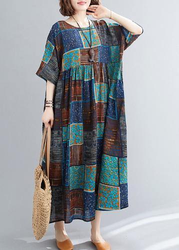 Classy O Neck Extra Large Hem Cotton Linen Dresses Runway Blue Print Dress