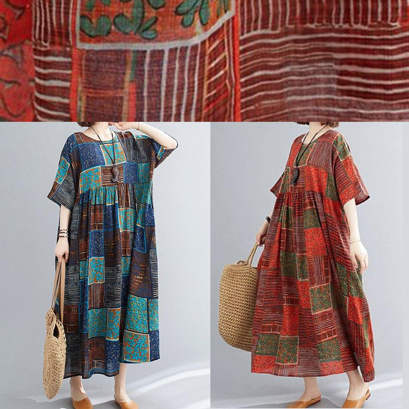 Classy O Neck Extra Large Hem Cotton Linen Dresses Runway Blue Print Dress