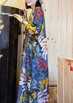 Classy O Neck Half Sleeve Linen Cotton Dresses Blue Print Dress Summer