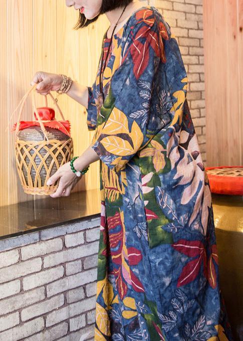 Classy O Neck Half Sleeve Linen Cotton Dresses Blue Print Dress Summer