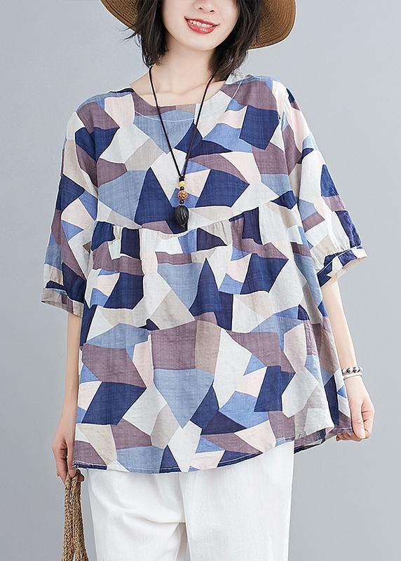 Classy O Neck Lantern Sleeve Linen Summer Tunics for Blue Print Shirts