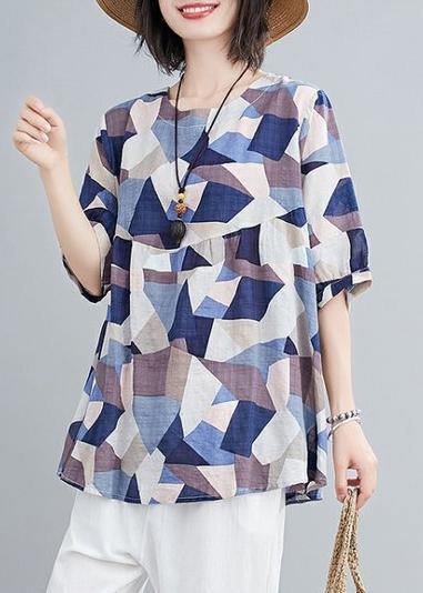 Classy O Neck Lantern Sleeve Linen Summer Tunics for Blue Print Shirts