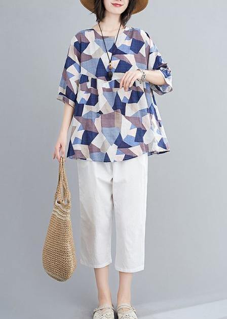 Classy O Neck Lantern Sleeve Linen Summer Tunics for Blue Print Shirts