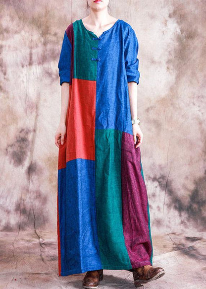 Classy O Neck Linen Dress Wardrobes Patchwork Color Dress Fall