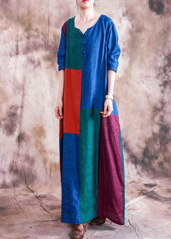 Classy O Neck Linen Dress Wardrobes Patchwork Color Dress Fall