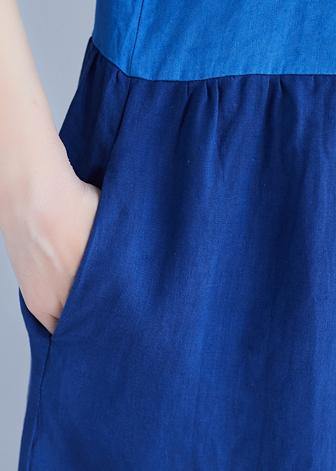Classy O Neck Patchwork Cotton Wardrobes Work Blue Loose Dress Summer