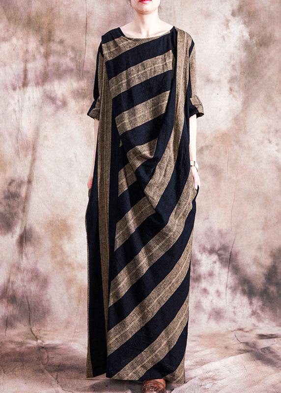 Classy O Neck Patchwork Cotton Clothes for Catwalk Black Striped Dresses Fall