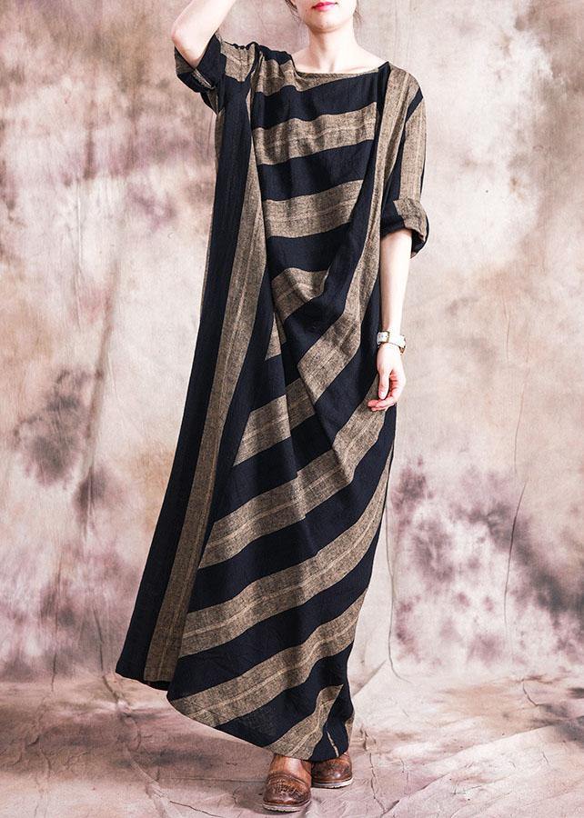 Classy O Neck Patchwork Cotton Clothes for Catwalk Black Striped Dresses Fall