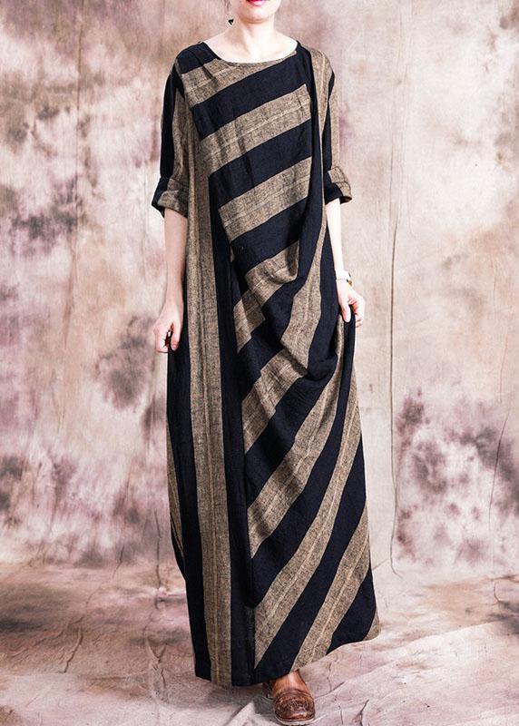 Classy O Neck Patchwork Cotton Clothes for Catwalk Black Striped Dresses Fall