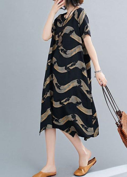 Classy O Neck Patchwork Linen Summer Robes Cotton Black Striped Dresses