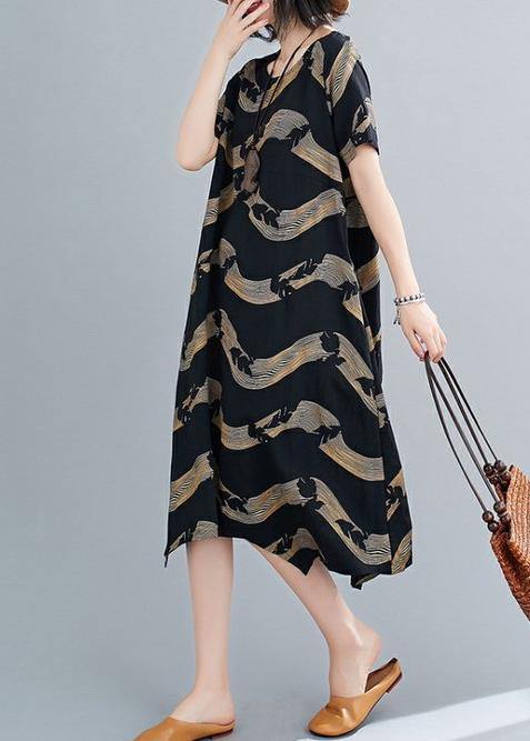 Classy O Neck Patchwork Linen Summer Robes Cotton Black Striped Dresses