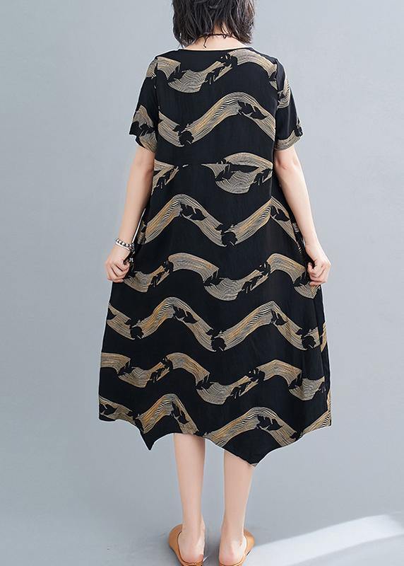 Classy O Neck Patchwork Linen Summer Robes Cotton Black Striped Dresses