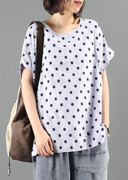 Classy O Neck Shirts Light Purple Dotted Short Tops