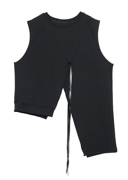 Classy O Neck Sleeveless Asymmetric Cotton Tunic Pattern Neckline Black Blouse