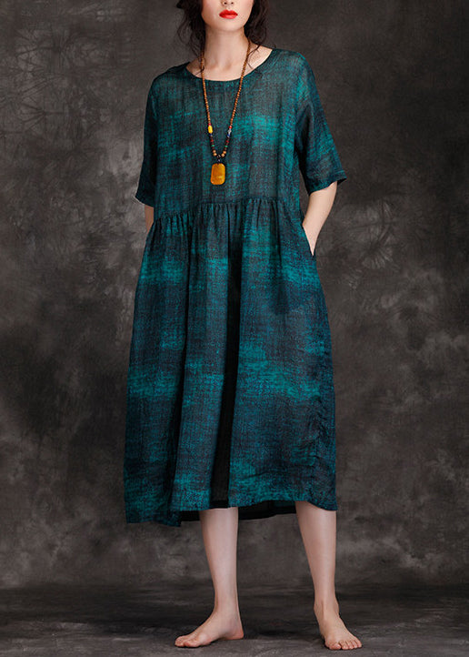 Classy O Neck Cinched Linen Robes Photography Blackish Green Long Dress Summer