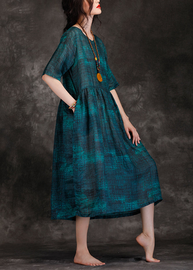 Classy O Neck Cinched Linen Robes Photography Blackish Green Long Dress Summer