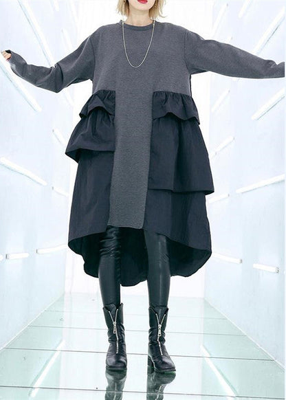 Classy Patchwork Cotton Wardrobes Sleeve Gray Baggy Dress