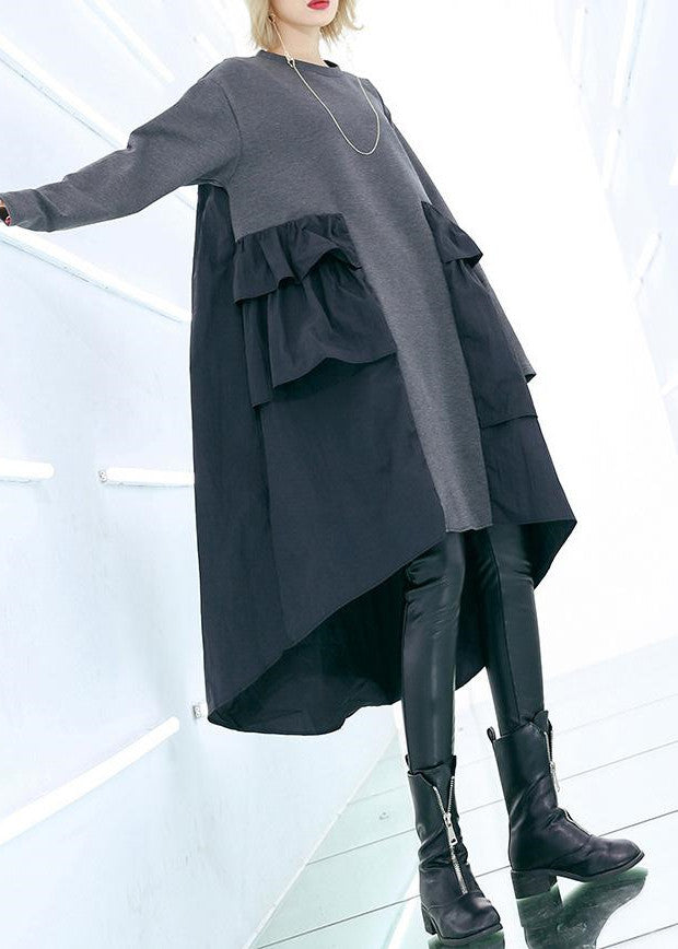Classy Patchwork Cotton Wardrobes Sleeve Gray Baggy Dress