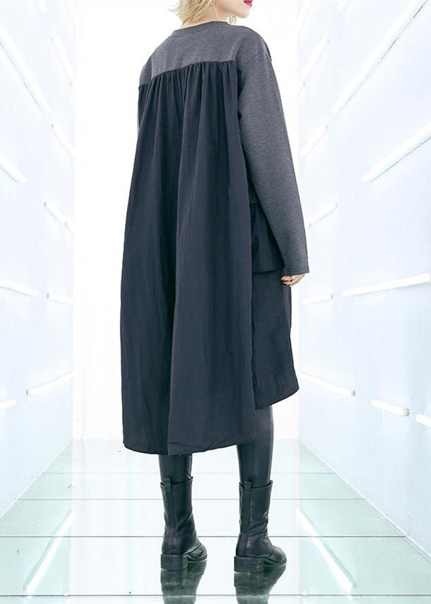 Classy Patchwork Cotton Wardrobes Sleeve Gray Baggy Dress