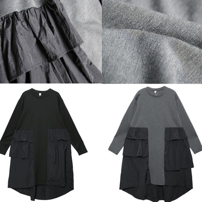 Classy Patchwork Cotton Wardrobes Sleeve Gray Baggy Dress
