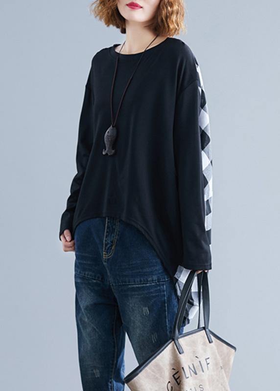 Classy Patchwork Plaid Low High Design Cotton for Inspiration Black Top Fall