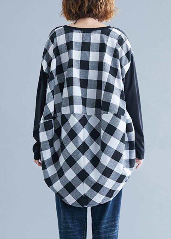Classy Patchwork Plaid Low High Design Cotton for Inspiration Black Top Fall