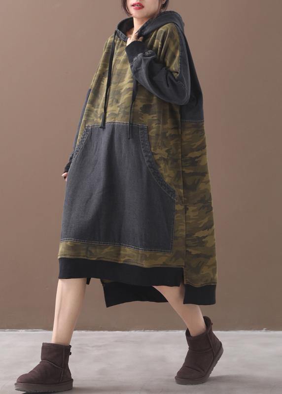 Classy Patchwork Cotton Hooded Quilting Dresses Shape Green Camouflage Dresses