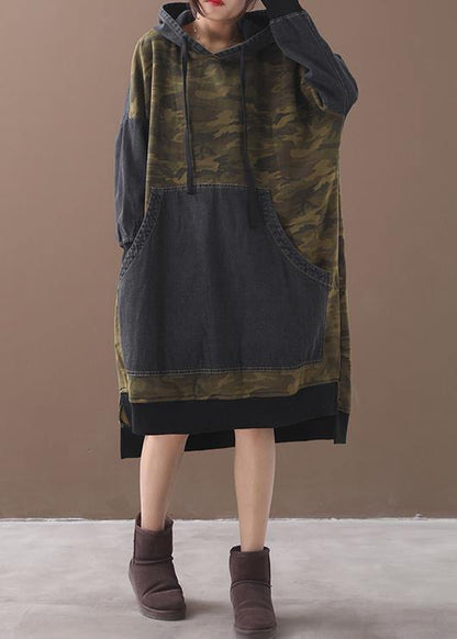 Classy Patchwork Cotton Hooded Quilting Dresses Shape Green Camouflage Dresses