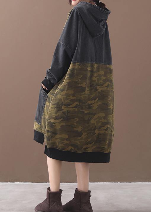 Classy Patchwork Cotton Hooded Quilting Dresses Shape Green Camouflage Dresses