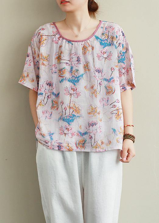 Classy Print Pink Linen Cotton Clothes Neckline O Neck Summer Top