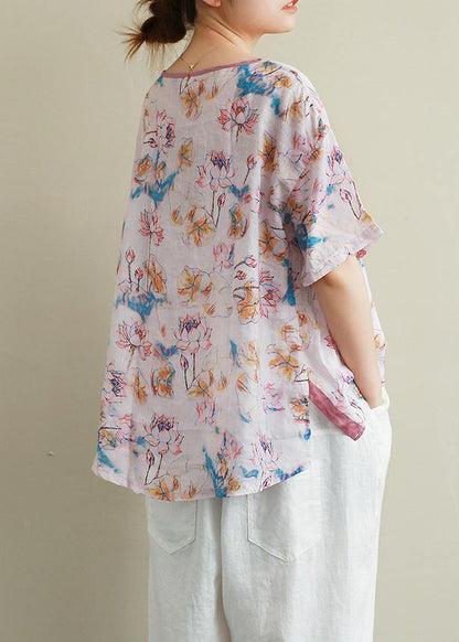 Classy Print Pink Linen Cotton Clothes Neckline O Neck Summer Top