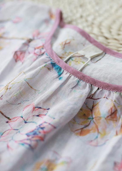 Classy Print Pink Linen Cotton Clothes Neckline O Neck Summer Top
