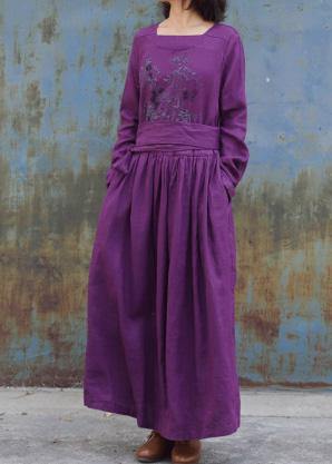 Classy Purple Linen Clothes for Tie Waist Loose Embroidery Dress
