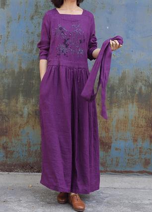 Classy Purple Linen Clothes for Tie Waist Loose Embroidery Dress