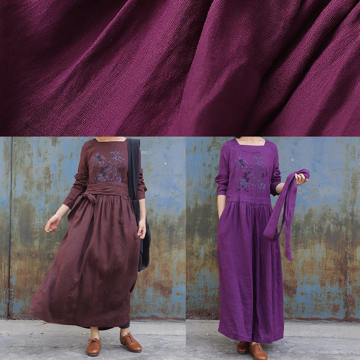 Classy Purple Linen Clothes for Tie Waist Loose Embroidery Dress