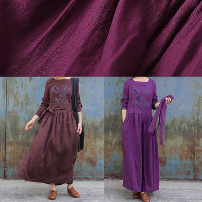 Classy Purple Linen Clothes for Tie Waist Loose Embroidery Dress