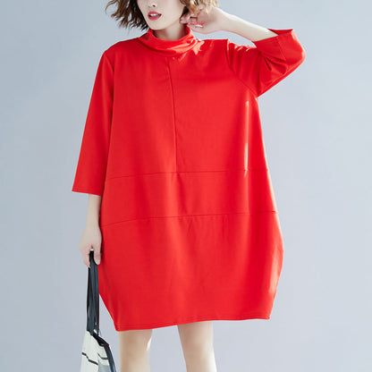 Classy Red Cotton Clothes Indian Linen High Neck a Line Spring Dress