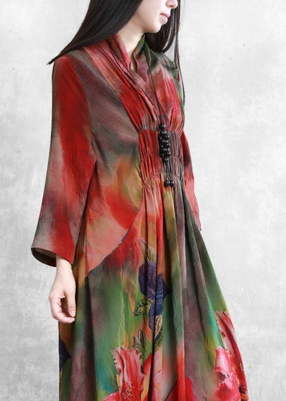 Classy Red Print Dress V Neck Cinched Long Summer Dresses