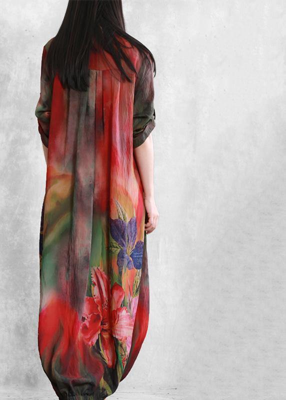 Classy Red Print Dress V Neck Cinched Long Summer Dresses