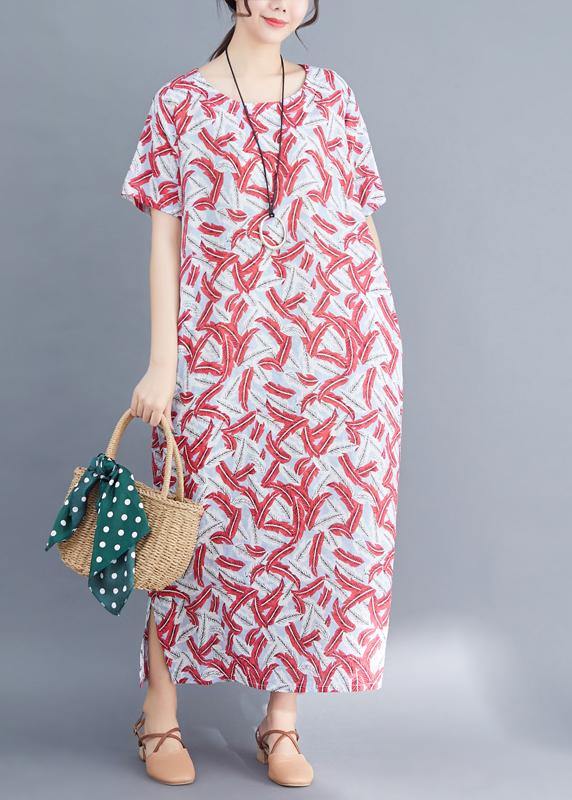 Classy Red Prints Cotton Tunic Dressvintage Sewing Side Open Traveling Summer Dresses