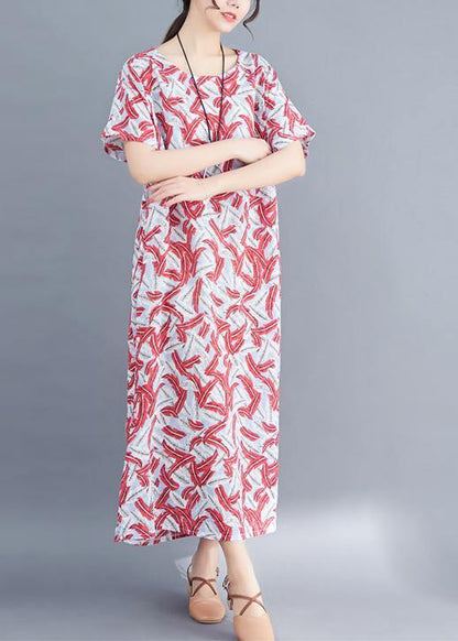 Classy Red Prints Cotton Tunic Dressvintage Sewing Side Open Traveling Summer Dresses