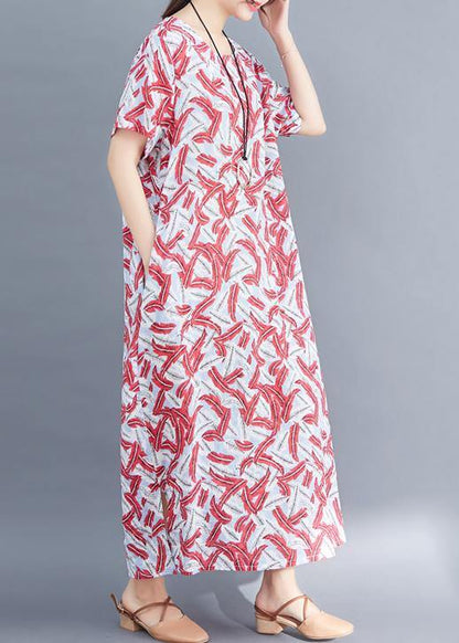 Classy Red Prints Cotton Tunic Dressvintage Sewing Side Open Traveling Summer Dresses