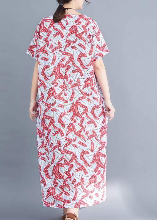 Classy Red Prints Cotton Tunic Dressvintage Sewing Side Open Traveling Summer Dresses