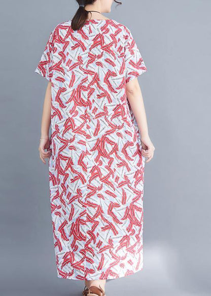 Classy Red Prints Cotton Tunic Dressvintage Sewing Side Open Traveling Summer Dresses