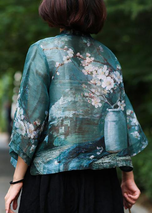 Classy Stand Collar Linen Summer Shirts Cotton Green Print Shirt