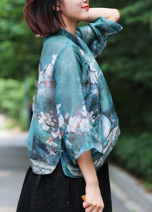 Classy Stand Collar Linen Summer Shirts Cotton Green Print Shirt