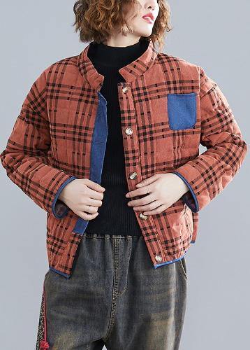 Classy Stand Collar Patchwork Clothes for Runway Khaki Plaid Tops